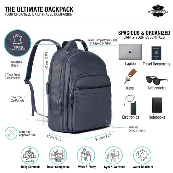 Echtleder Marineblau Vintage Rucksack Laptoptasche Reiserucksack - Capri - Image 2