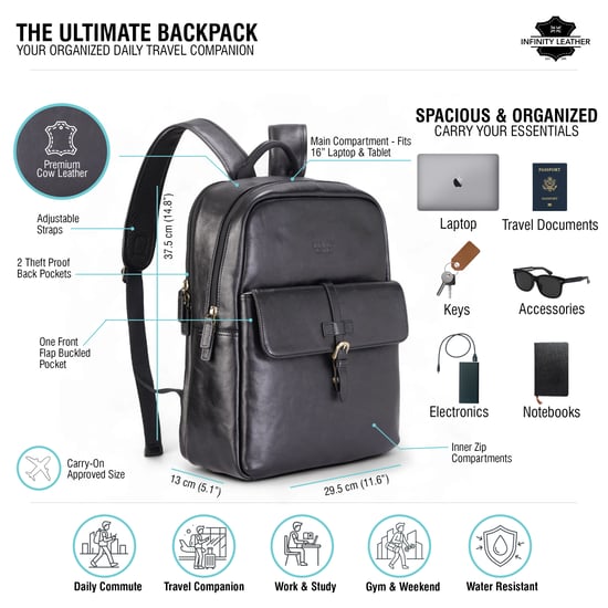 Echtleder Schwarz Vintage Laptop Rucksack Reisetasche - Cove - Image 2