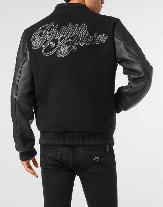 Wool & Leather Varsity Bomber Jacket Patches Stones - Image 5