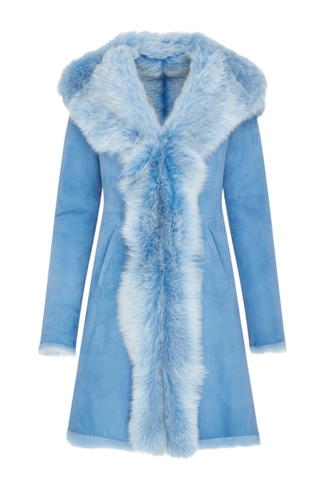 Blauer Trenchcoat mit Kapuze aus toskanischem Schaffell-Wildleder für Damen – Aura - Image 1