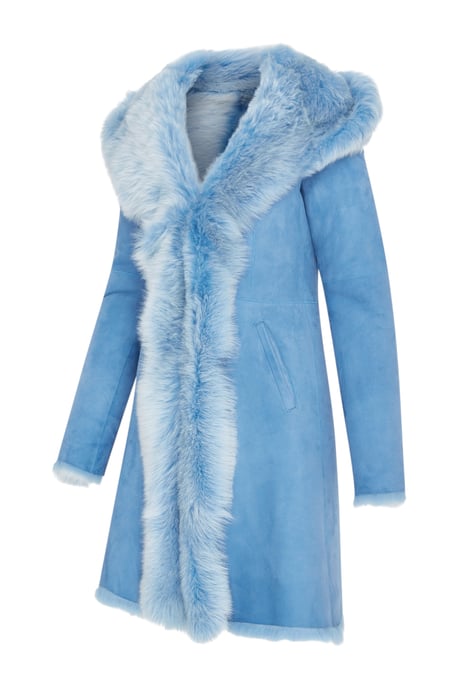 Blauer Trenchcoat mit Kapuze aus toskanischem Schaffell-Wildleder für Damen – Aura - Image 2