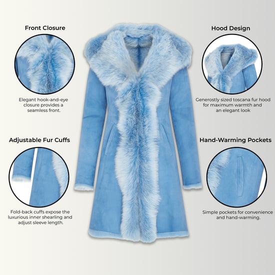 Blauer Trenchcoat mit Kapuze aus toskanischem Schaffell-Wildleder für Damen – Aura - Image 3