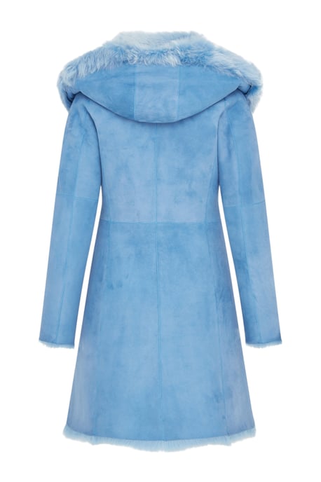 Blauer Trenchcoat mit Kapuze aus toskanischem Schaffell-Wildleder für Damen – Aura - Image 4