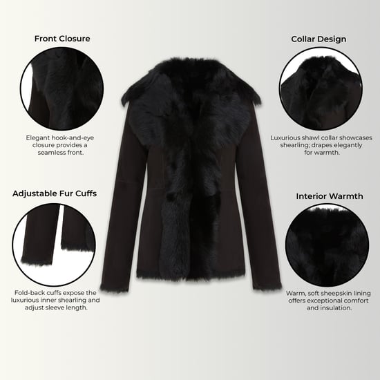 Damen Schwarze Schaffell Toscana Merino Shearling Wildlederjacke-Siena - Image 3