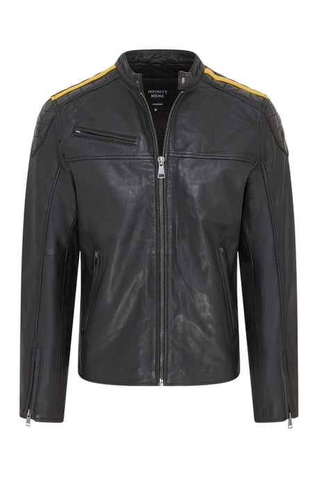 Klassische schwarze gesteppte Bikerjacke aus Leder für Herren mit gelben Streifen – Velocity - Image 2