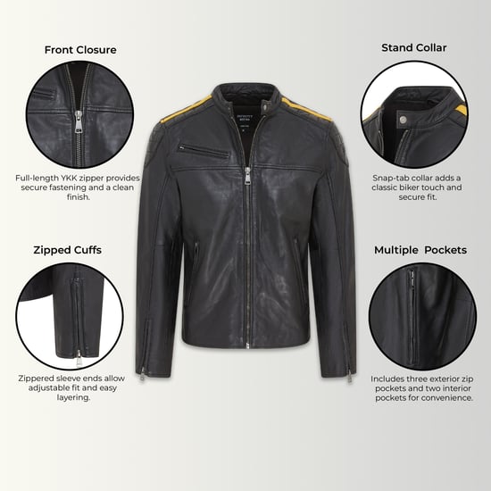 Klassische schwarze gesteppte Bikerjacke aus Leder für Herren mit gelben Streifen – Velocity - Image 3