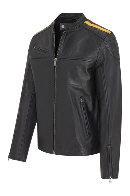 Klassische schwarze gesteppte Bikerjacke aus Leder für Herren mit gelben Streifen – Velocity - Image 4