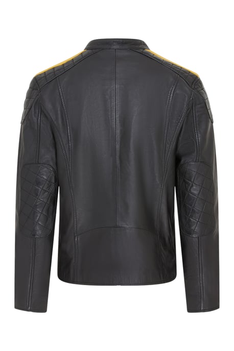 Klassische schwarze gesteppte Bikerjacke aus Leder für Herren mit gelben Streifen – Velocity - Image 5