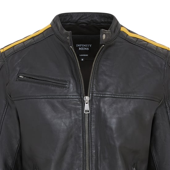 Klassische schwarze gesteppte Bikerjacke aus Leder für Herren mit gelben Streifen – Velocity - Image 6