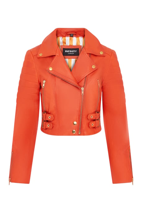 Verkürzte Brando-Bikerjacke aus orangefarbenem Leder für Damen – Durban - Image 2