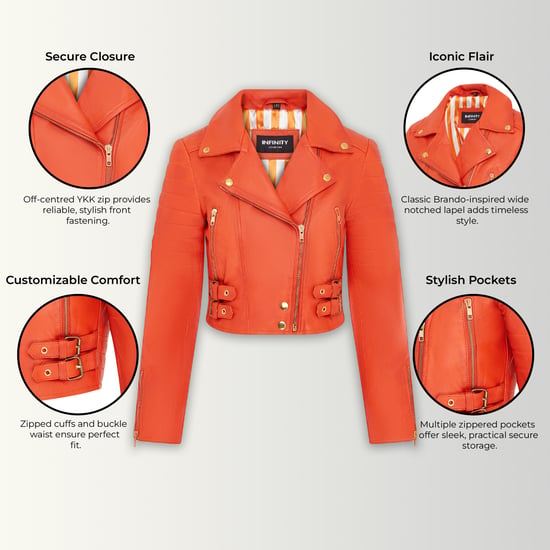 Verkürzte Brando-Bikerjacke aus orangefarbenem Leder für Damen – Durban - Image 3