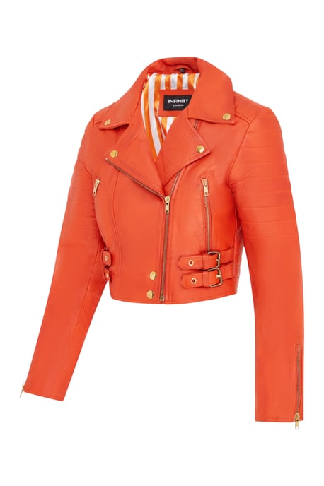 Verkürzte Brando-Bikerjacke aus orangefarbenem Leder für Damen – Durban - Image 4
