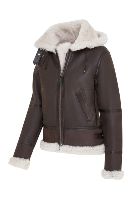 Damen Creck Braune Schaffell-Bomber-Lederjacke mit Kapuze – Sovereign - Image 4