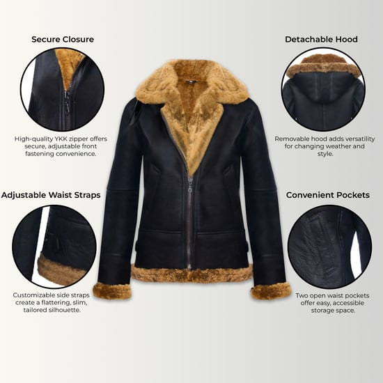 Damen-Bomberjacke aus Schaffell mit Kapuze in Braun-Ginger – Sovereign - Image 3