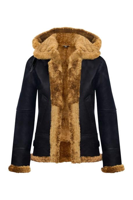 Damen-Bomberjacke aus Schaffell mit Kapuze in Braun-Ginger – Sovereign - Image 4