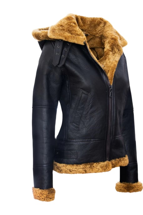 Damen-Bomberjacke aus Schaffell mit Kapuze in Braun-Ginger – Sovereign - Image 5