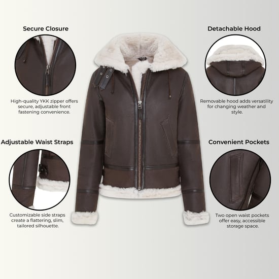 Creck Damen Lederjacke mit Kapuze, braun, Schaffell, Palermo - Image 3
