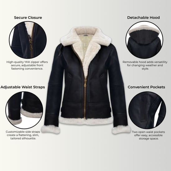 Damen-Bomberjacke aus Schaffell mit Kapuze in Braun-Creme – Sovereign - Image 3