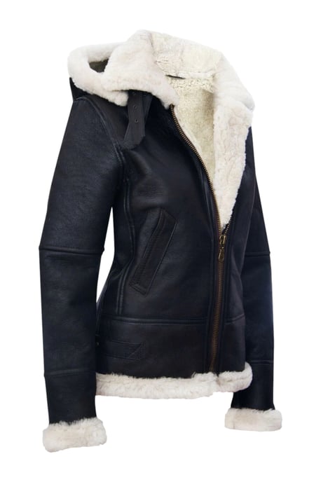 Damen-Bomberjacke aus Schaffell mit Kapuze in Braun-Creme – Sovereign - Image 5