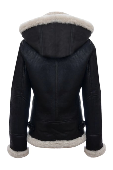 Damen-Bomberjacke aus Schaffell mit Kapuze in Braun-Creme – Sovereign - Image 6