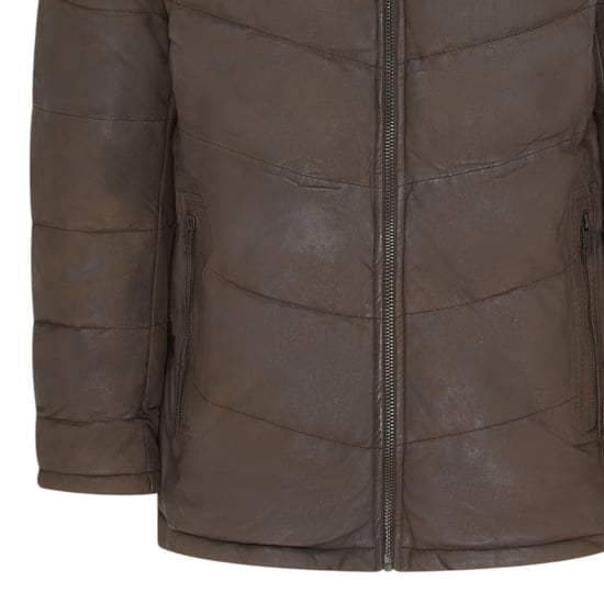 Herren Braune Steppjacke aus Leder mit Kapuze, Puffer-Wintermantel - Olyic - Image 6