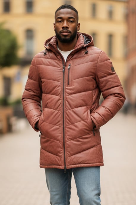 Herren-Steppjacke aus hellbraunem Leder mit Kapuze, Puffer-Wintermantel – Summit - Image 1
