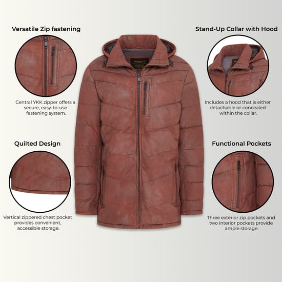 Herren-Steppjacke aus hellbraunem Leder mit Kapuze, Puffer-Wintermantel – Summit - Image 3
