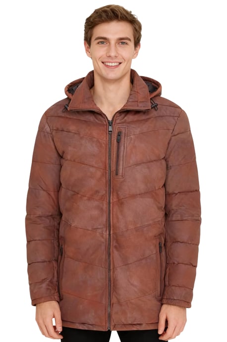 Herren-Steppjacke aus hellbraunem Leder mit abnehmbarer Kapuze, Puffer-Wintermantel – Orion - Image 1
