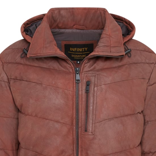 Herren-Steppjacke aus hellbraunem Leder mit abnehmbarer Kapuze, Puffer-Wintermantel – Orion - Image 6