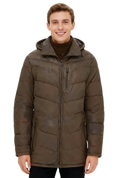 Braune Steppjacke aus Leder für Herren mit abnehmbarer Kapuze, Puffer-Wintermantel – Orion - Image 1