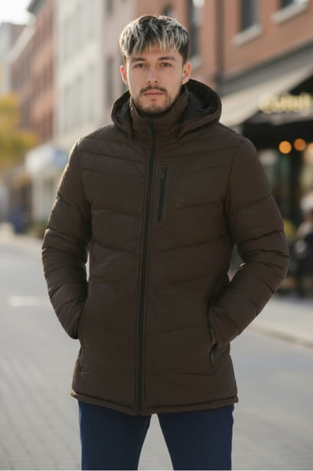 Herren Braune Steppjacke aus Leder Trekking mit Kapuze Puffer Wintermantel - Summit - Image 1