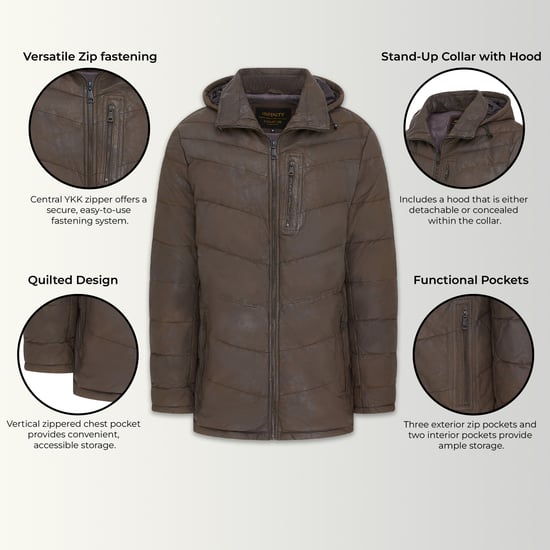 Herren Braune Steppjacke aus Leder Trekking mit Kapuze Puffer Wintermantel - Summit - Image 3