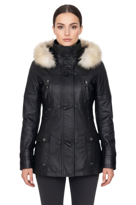 Damen-Parka mit Steppung und Pelzkapuze, Schwarz, Lammleder – Duchess - Image 1