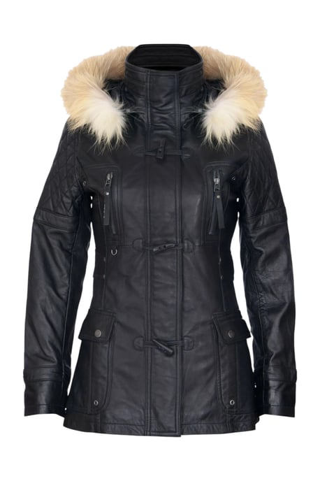 Damen-Parka mit Steppung und Pelzkapuze, Schwarz, Lammleder – Duchess - Image 2