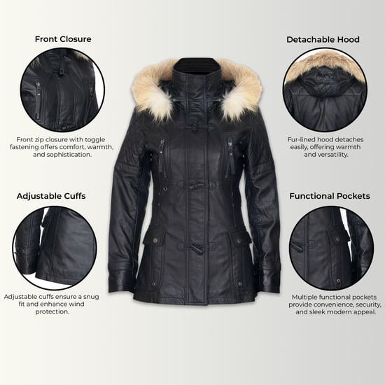 Damen-Parka mit Steppung und Pelzkapuze, Schwarz, Lammleder – Duchess - Image 3