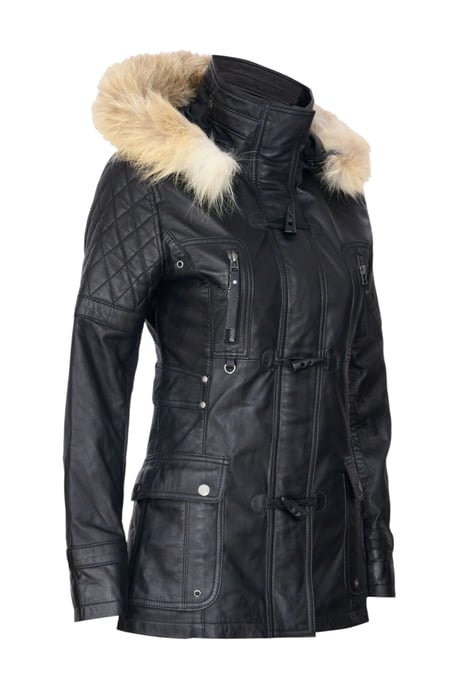 Damen-Parka mit Steppung und Pelzkapuze, Schwarz, Lammleder – Duchess - Image 4