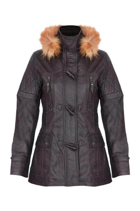 Damen-Parka mit Steppung und Pelzkapuze aus braunem Lammleder – Duchess - Image 2