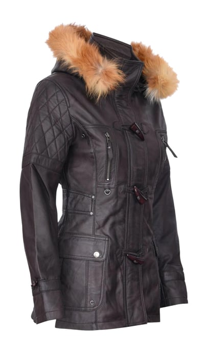 Damen-Parka mit Steppung und Pelzkapuze aus braunem Lammleder – Duchess - Image 4