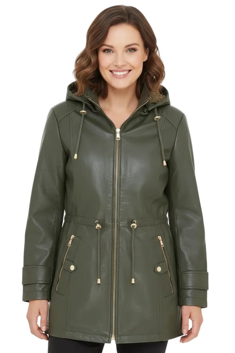 Grüner Lederparka für Damen mit abnehmbarer Borg-Kapuze, Trenchcoat – Emilia - Image 1