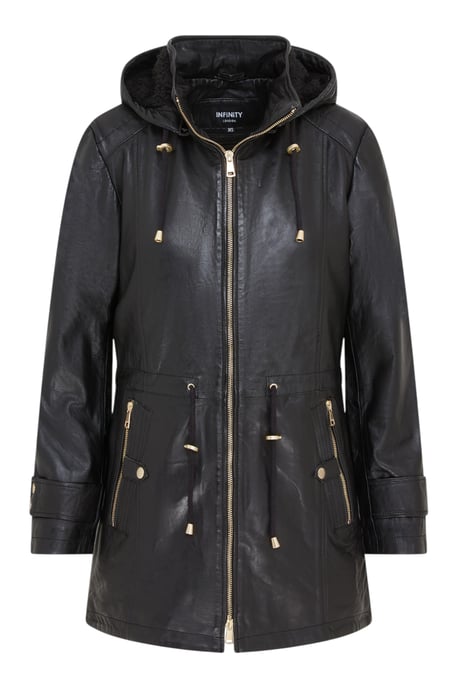Schwarzer Lederparka für Damen mit abnehmbarer Borg-Kapuze und Trenchcoat – Trekker - Image 1