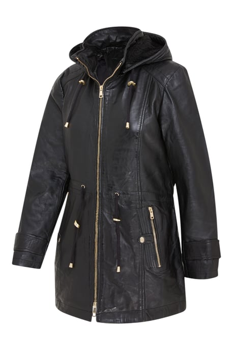 Schwarzer Lederparka für Damen mit abnehmbarer Borg-Kapuze und Trenchcoat – Trekker - Image 2