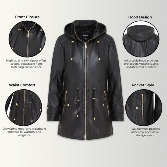 Schwarzer Lederparka für Damen mit abnehmbarer Borg-Kapuze und Trenchcoat – Trekker - Image 3