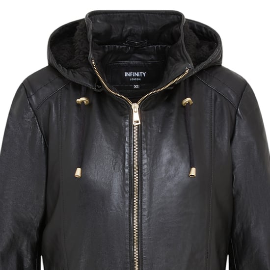 Schwarzer Lederparka für Damen mit abnehmbarer Borg-Kapuze und Trenchcoat – Trekker - Image 5