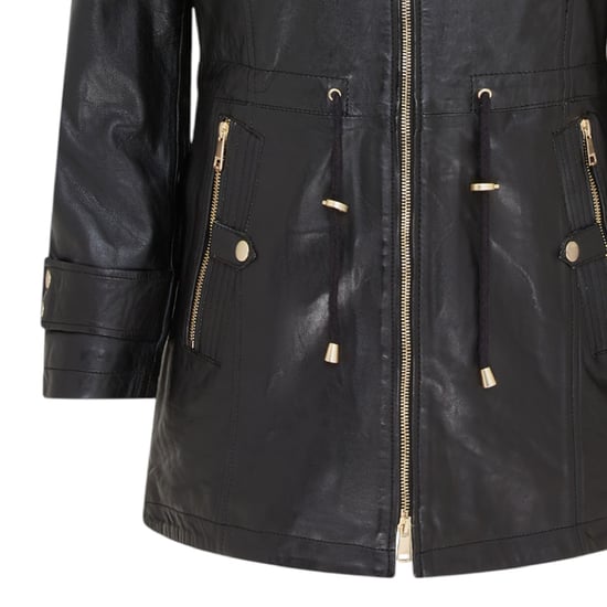 Schwarzer Lederparka für Damen mit abnehmbarer Borg-Kapuze und Trenchcoat – Trekker - Image 6