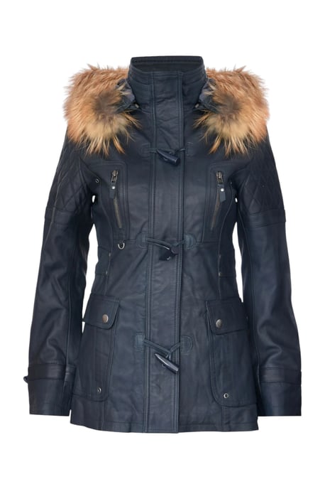 Damen-Parka mit Steppjacke aus Lammleder und Pelzkapuze in Marineblau – Duchess - Image 2