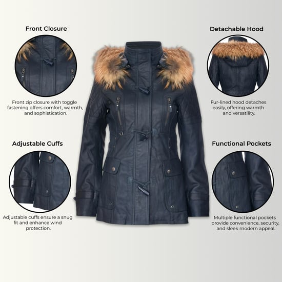 Damen-Parka mit Steppjacke aus Lammleder und Pelzkapuze in Marineblau – Duchess - Image 3