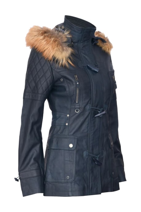 Damen-Parka mit Steppjacke aus Lammleder und Pelzkapuze in Marineblau – Duchess - Image 4