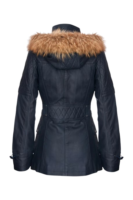 Damen-Parka mit Steppjacke aus Lammleder und Pelzkapuze in Marineblau – Duchess - Image 5