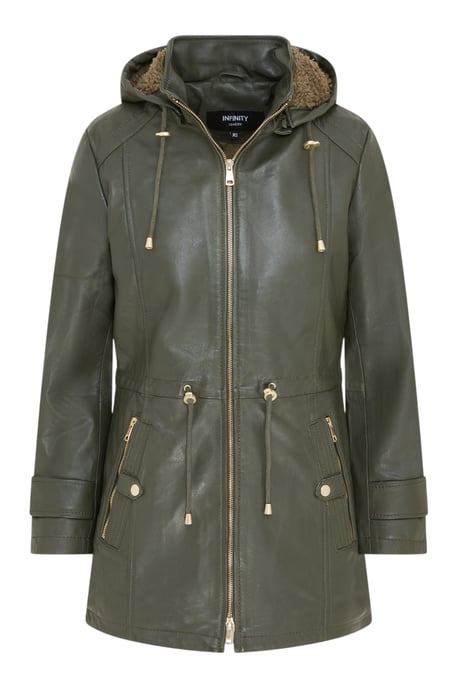 Grüner Lederparka für Damen mit abnehmbarer Borg-Kapuze und Trenchcoat – Trekker - Image 1