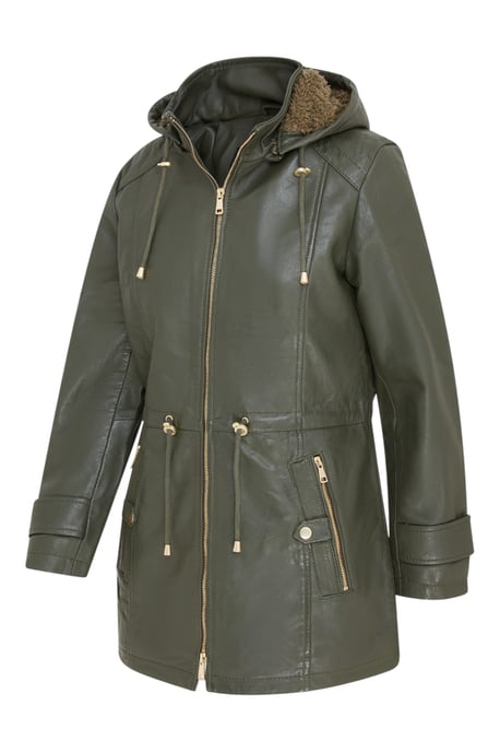 Grüner Lederparka für Damen mit abnehmbarer Borg-Kapuze und Trenchcoat – Trekker - Image 2